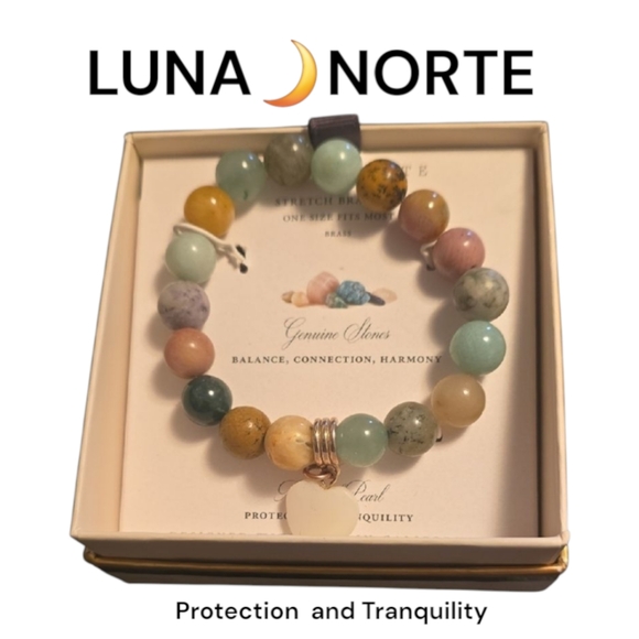 Jewelry - LUNA🌙NORTE Stretch Bracelet Brass, Genuine Stones MOTHER OF PEARL🤍HEART NIB